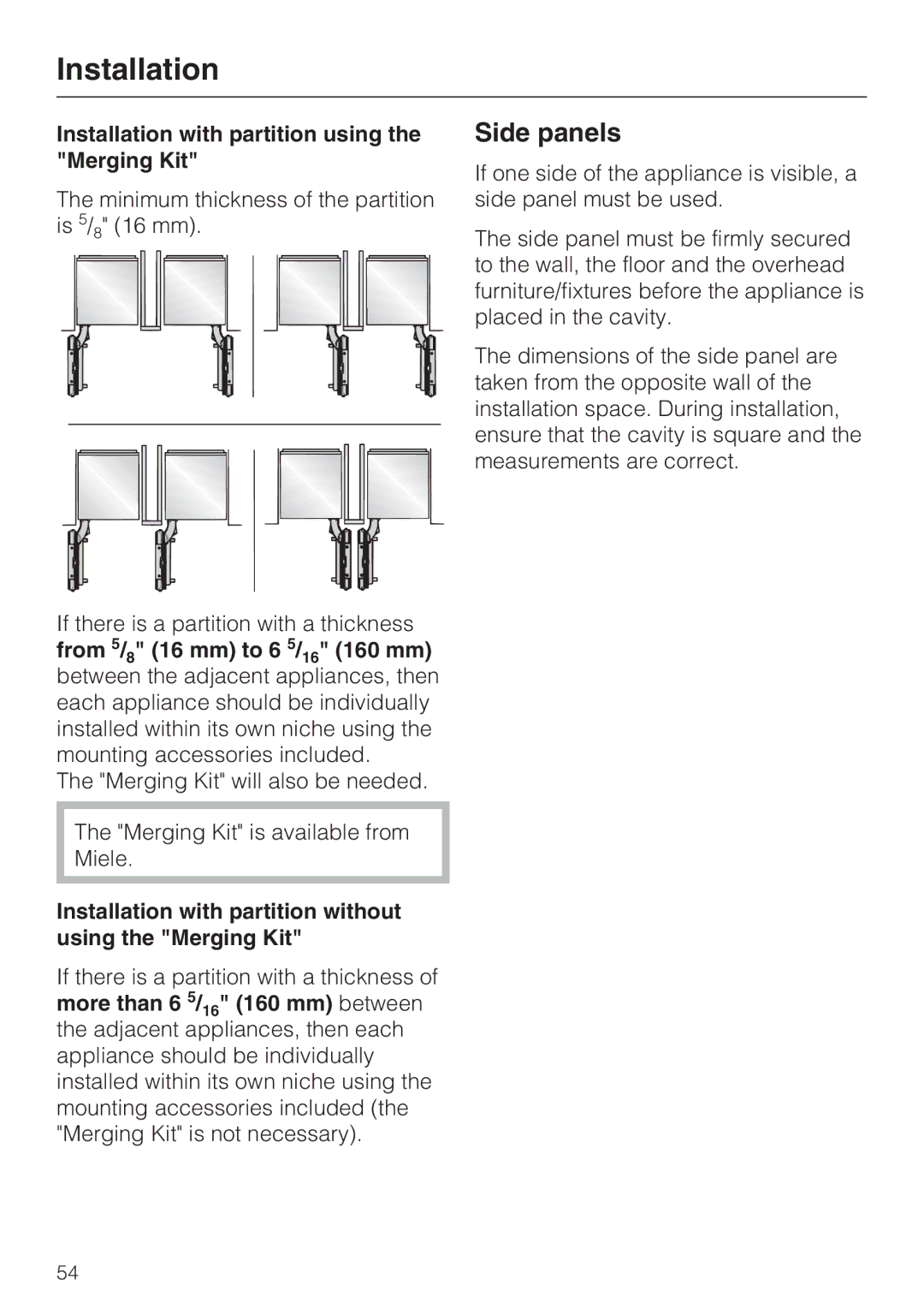 Miele F1471VI Side panels, Installation with partition using the Merging Kit, From 5/8 16 mm to 6 5/16 160 mm 