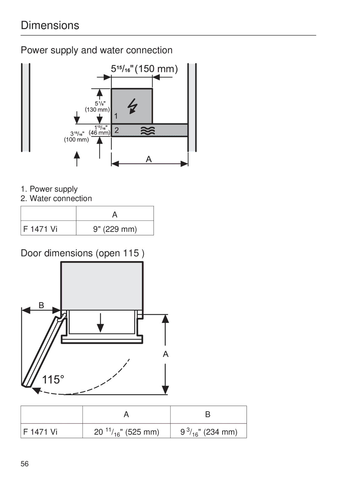 Miele F1471VI installation instructions Power supply and water connection, Door dimensions open, 1471 229 mm 