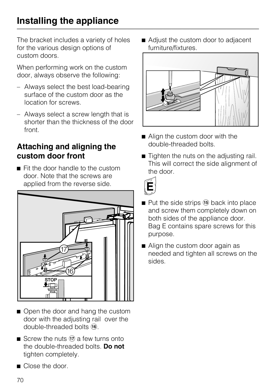 Miele F1471VI installation instructions Attaching and aligning the custom door front 