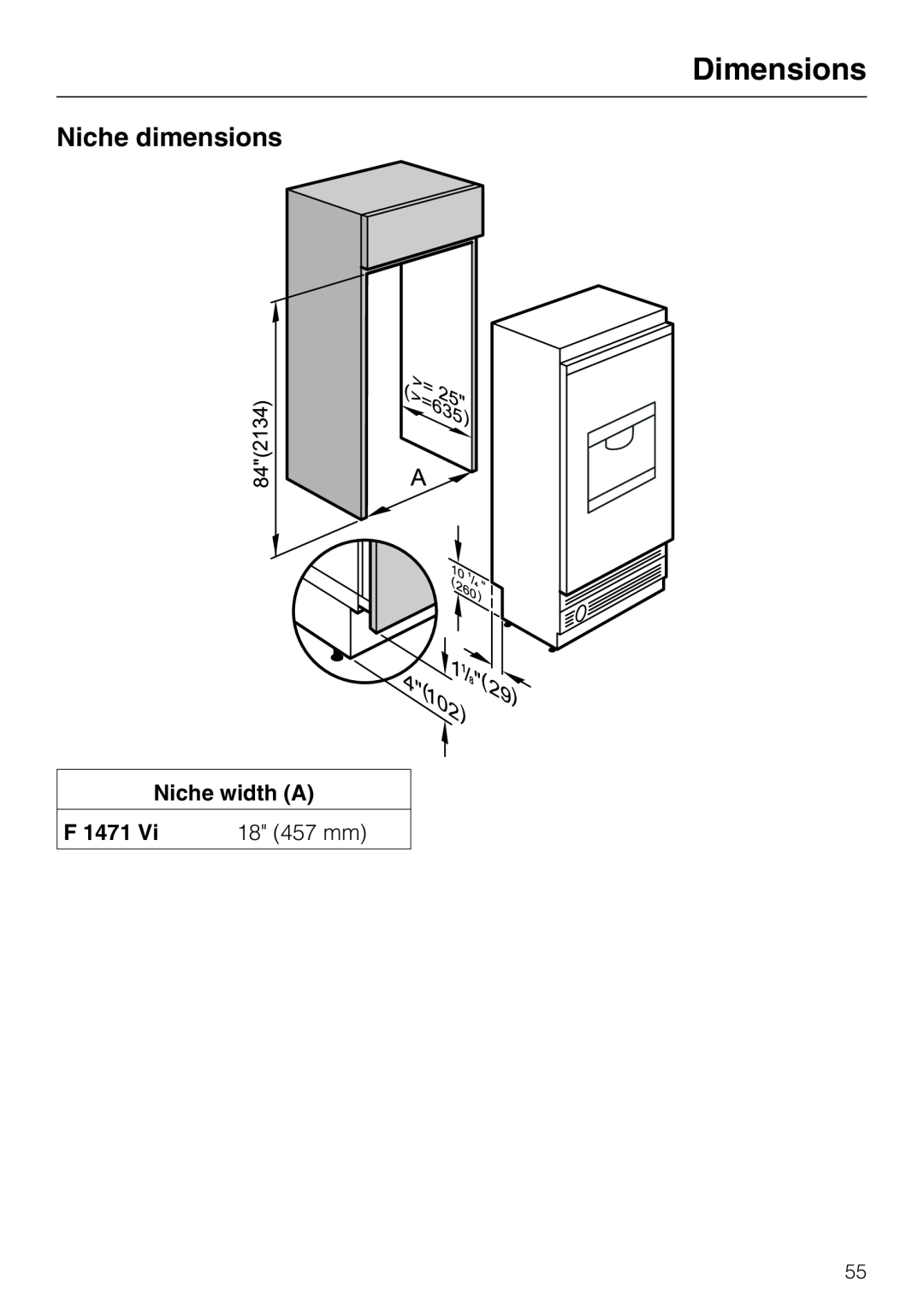 Miele F1471VI installation instructions Dimensions, Niche dimensions 