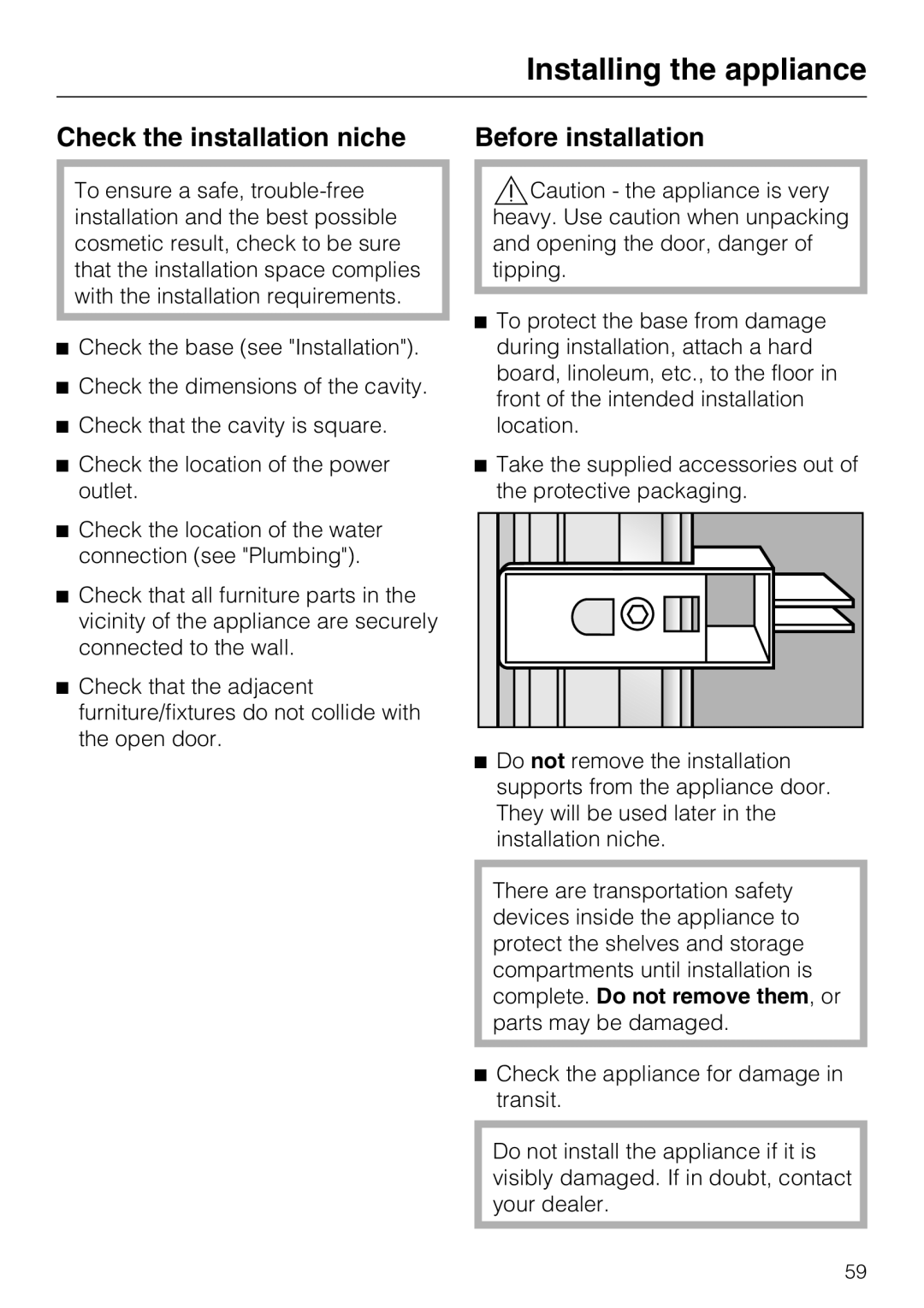 Miele F1471VI installation instructions Check the installation niche, Before installation, Installing the appliance 