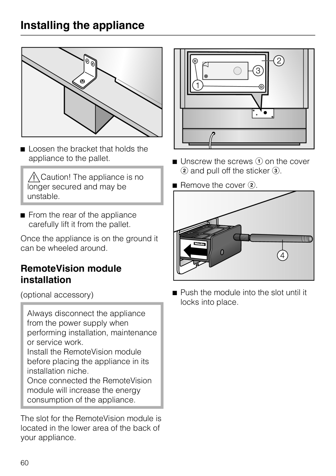Miele F1471VI installation instructions RemoteVision module installation, Installing the appliance 