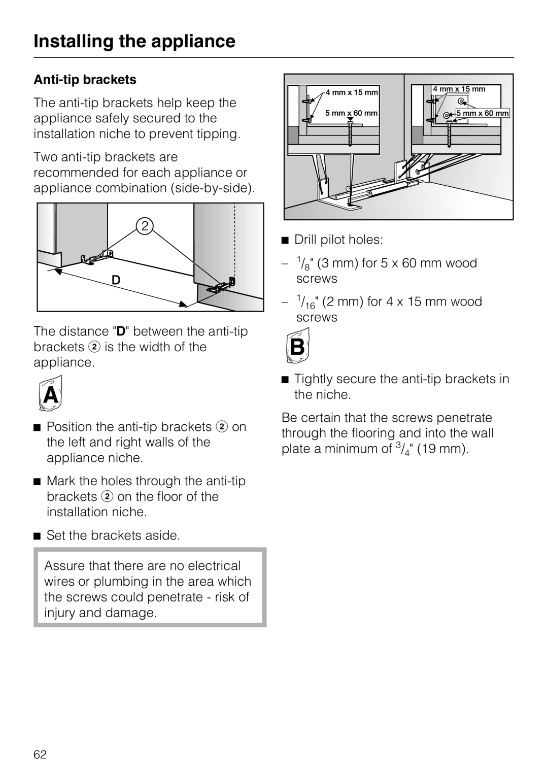 Miele F1471VI installation instructions Installing the appliance, Anti-tip brackets 