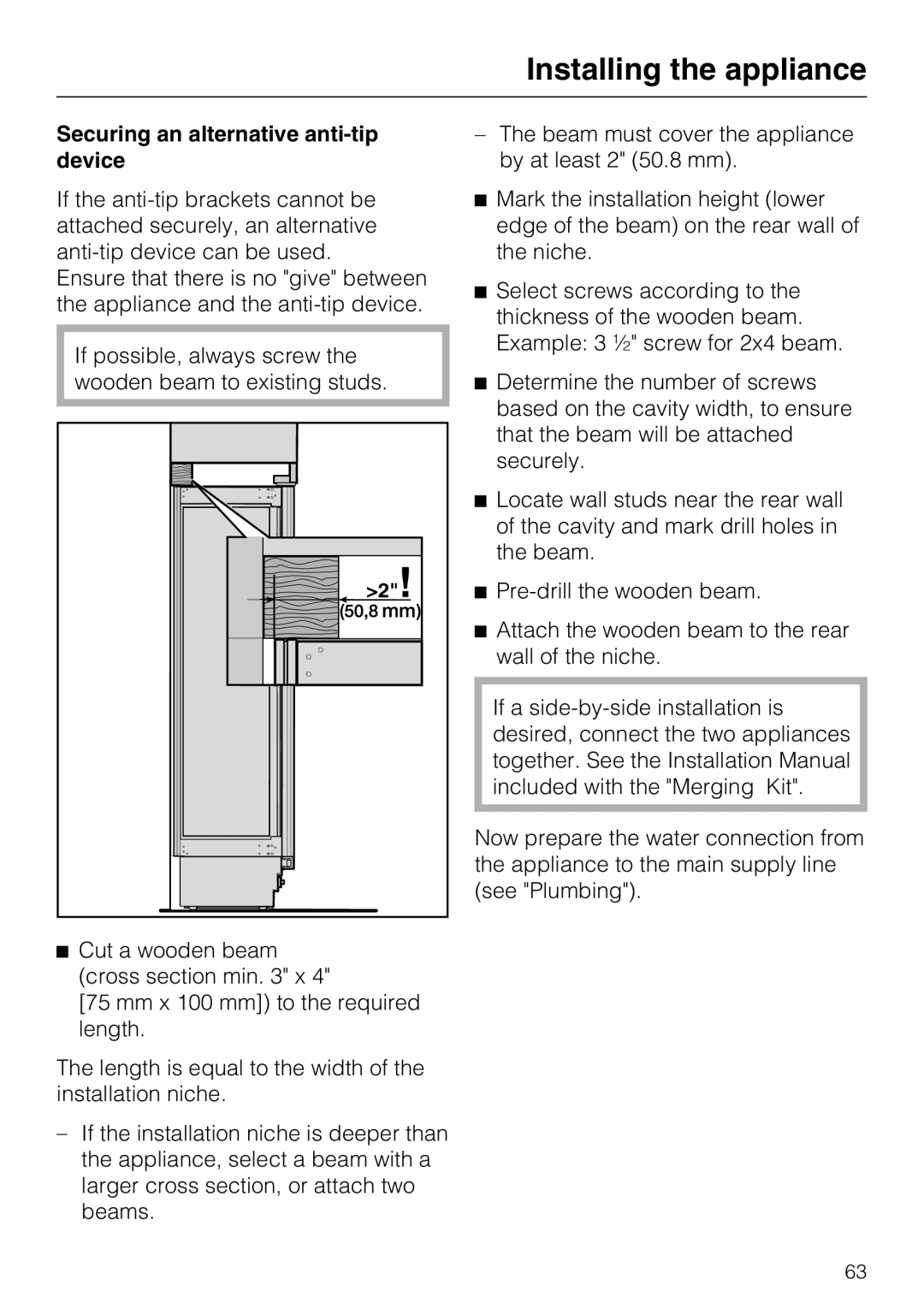 Miele F1471VI installation instructions Installing the appliance, Securing an alternative anti-tip device 