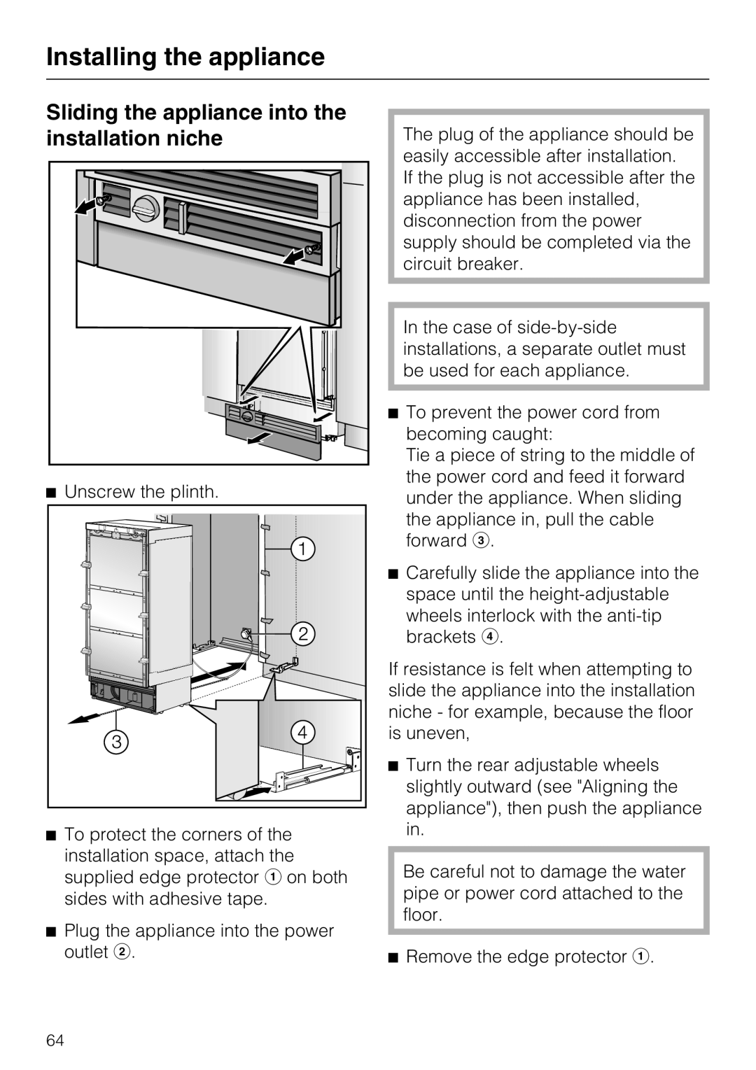 Miele F1471VI installation instructions Sliding the appliance into the installation niche, Installing the appliance 