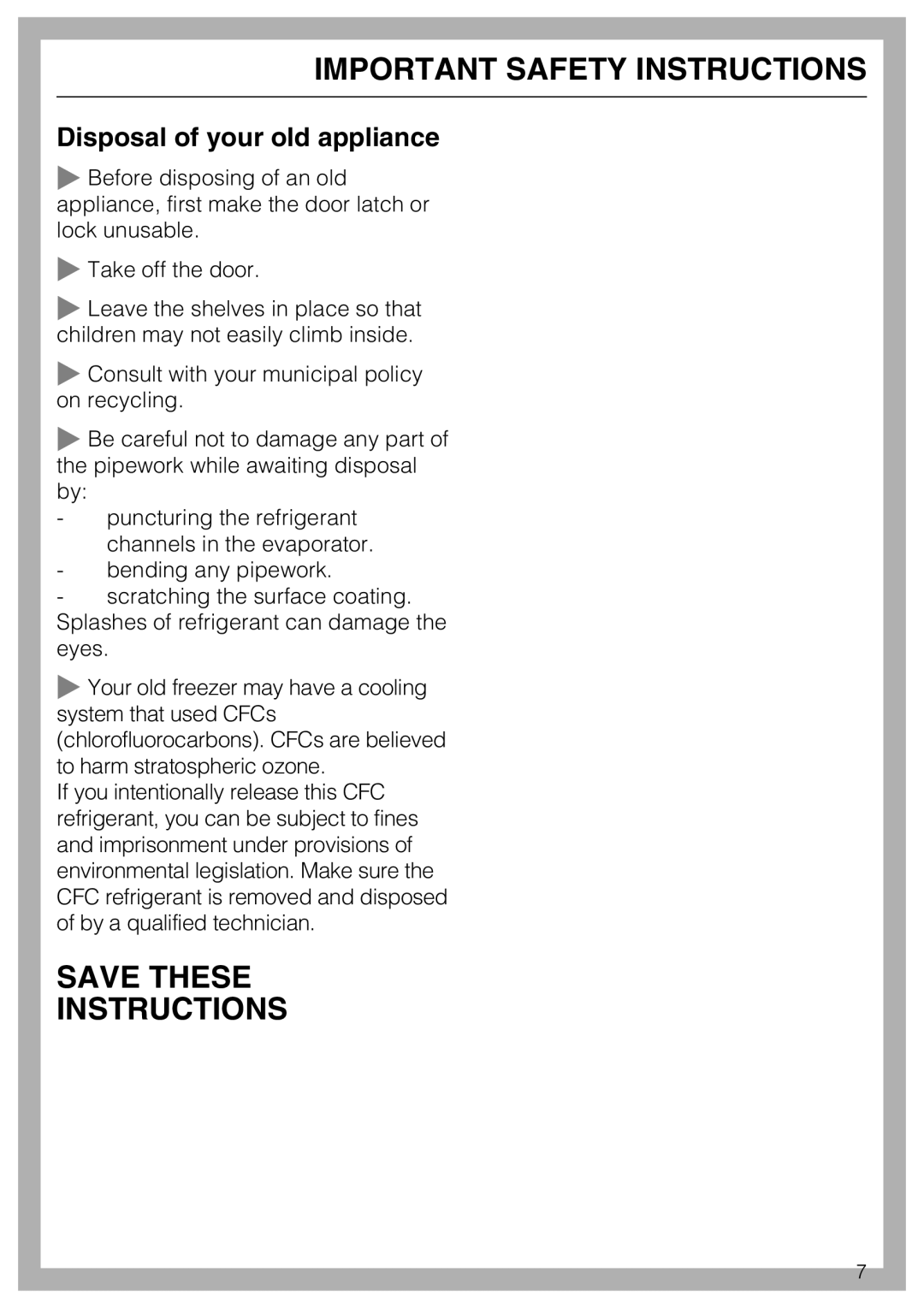 Miele F1471VI Save These Instructions, Disposal of your old appliance, Important Safety Instructions 