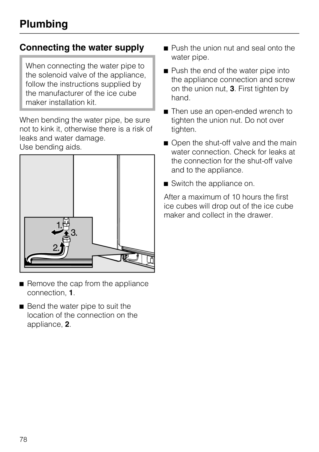 Miele F1471VI installation instructions Connecting the water supply, Plumbing 