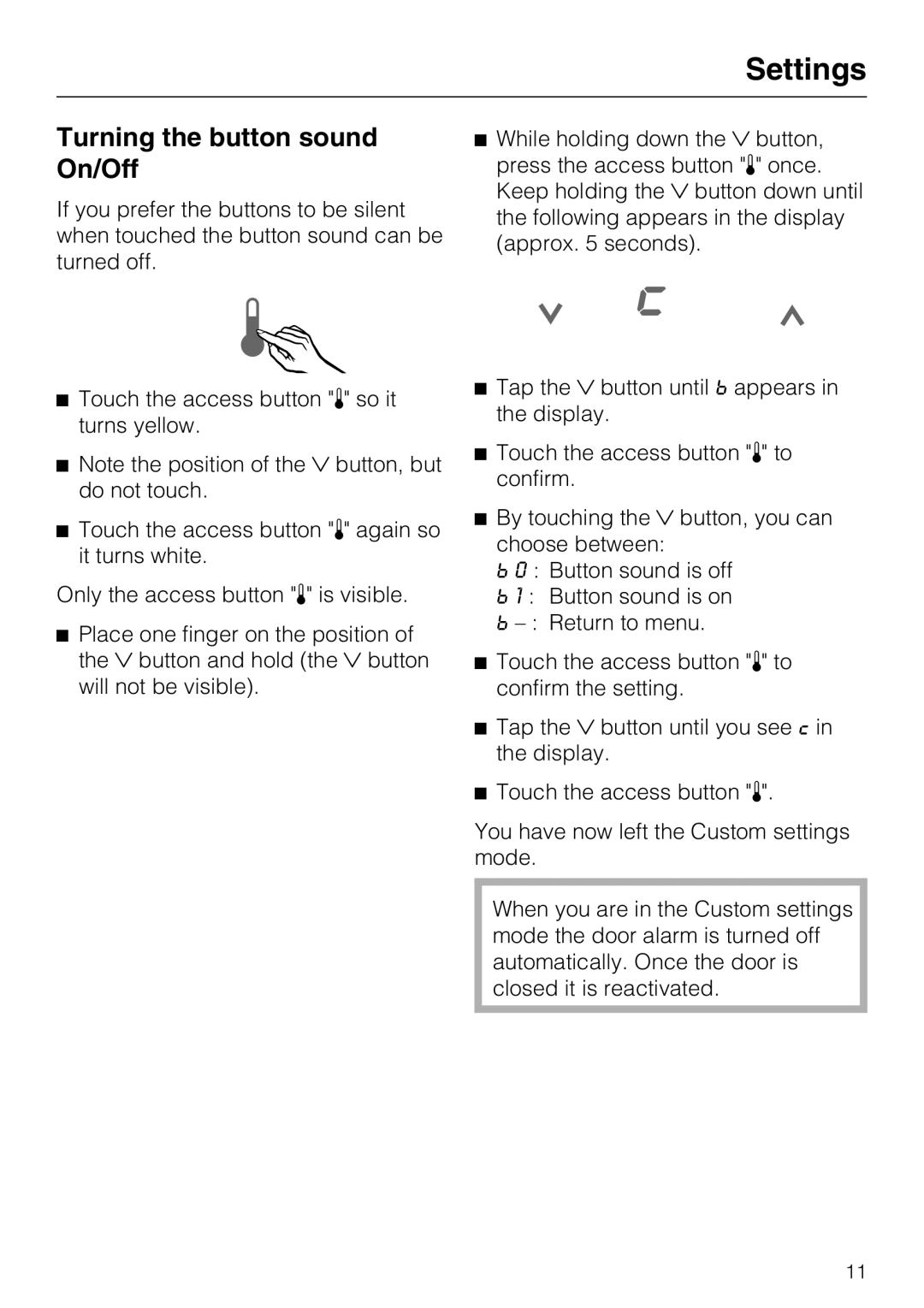 Miele F1901SF, F1801SF, F1911SF, F1811SF installation instructions Turning the button sound On/Off 