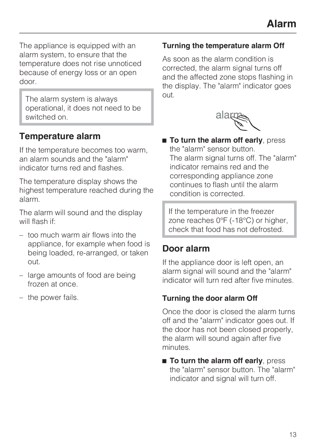 Miele F1911SF, F1801SF, F1811SF, F1901SF installation instructions Alarm, Temperature alarm, Door alarm 