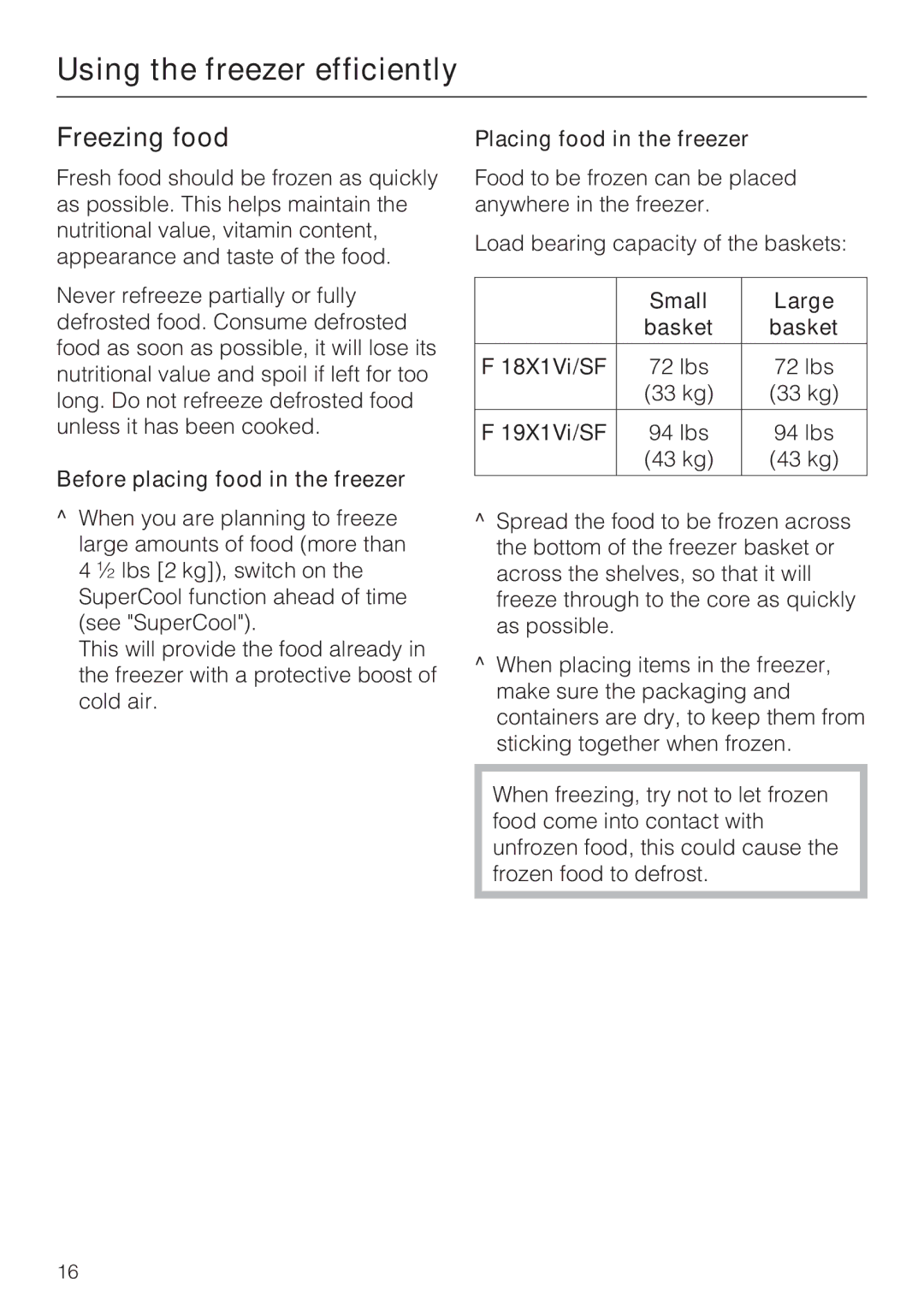 Miele F1801SF, F1911SF, F1811SF, F1901SF installation instructions Using the freezer efficiently, Freezing food 