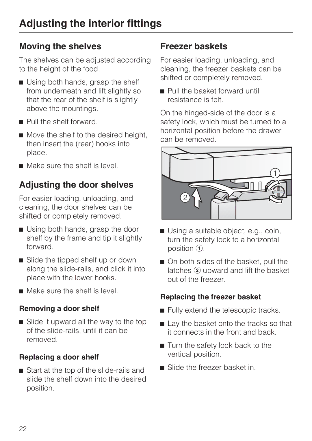 Miele F1811SF, F1801SF Adjusting the interior fittings, Moving the shelves, Adjusting the door shelves, Freezer baskets 