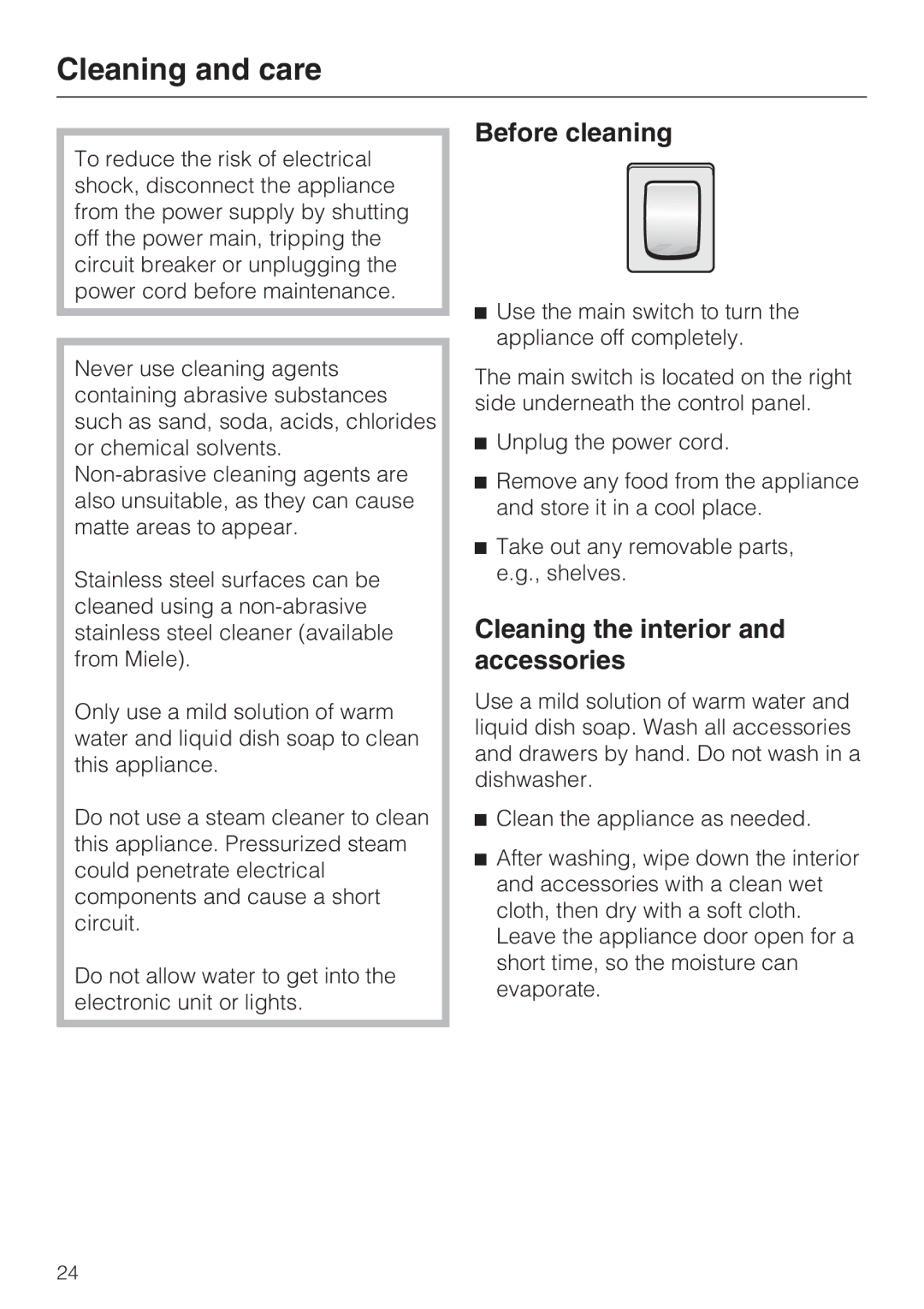 Miele F1801SF, F1911SF, F1811SF, F1901SF Cleaning and care, Before cleaning, Cleaning the interior and accessories 