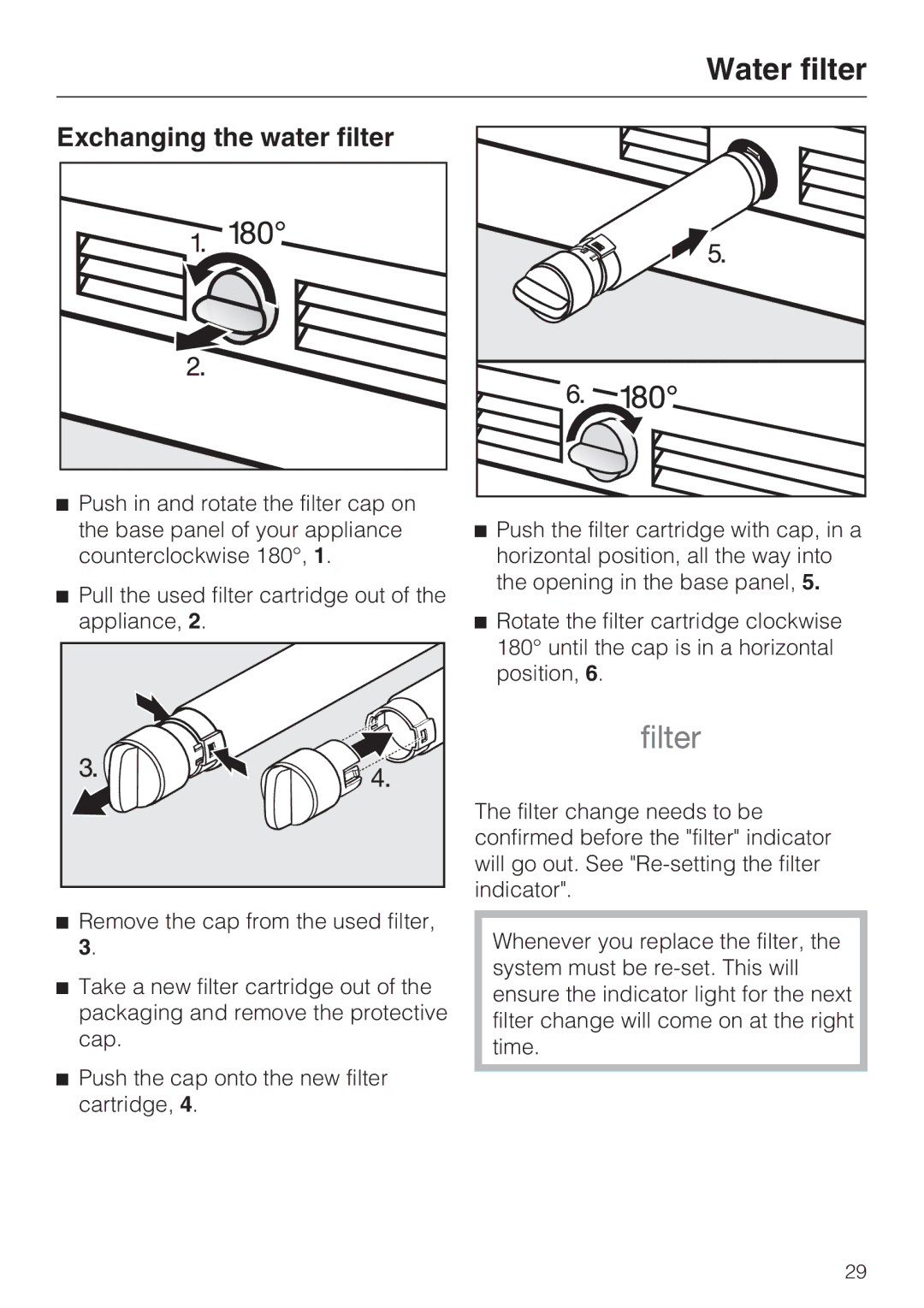 Miele F1911SF, F1801SF, F1811SF, F1901SF installation instructions Exchanging the water filter 