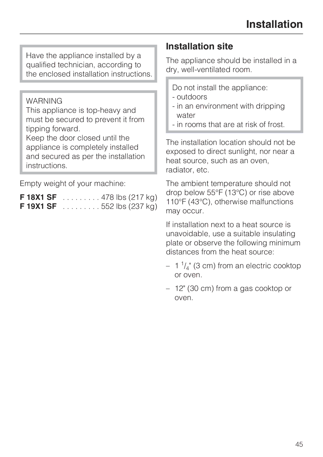 Miele F1911SF, F1801SF, F1811SF, F1901SF installation instructions Installation site 