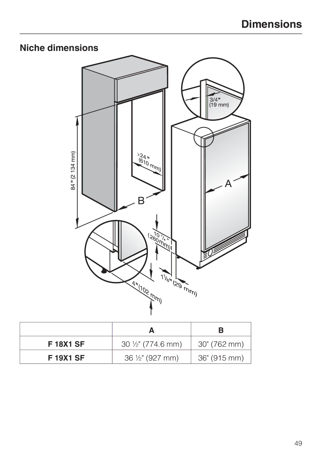 Miele F1911SF, F1801SF, F1811SF, F1901SF installation instructions Dimensions, Niche dimensions 