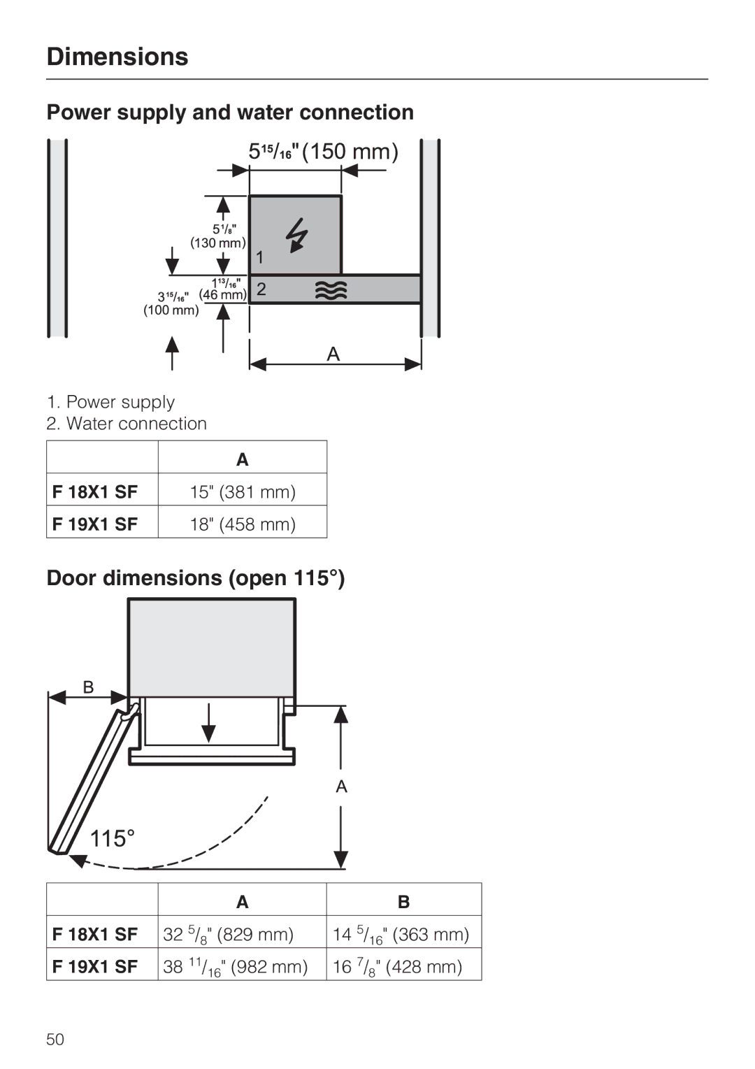 Miele F1811SF, F1801SF Power supply and water connection, Door dimensions open, 18X1 SF 15 381 mm 19X1 SF 18 458 mm 