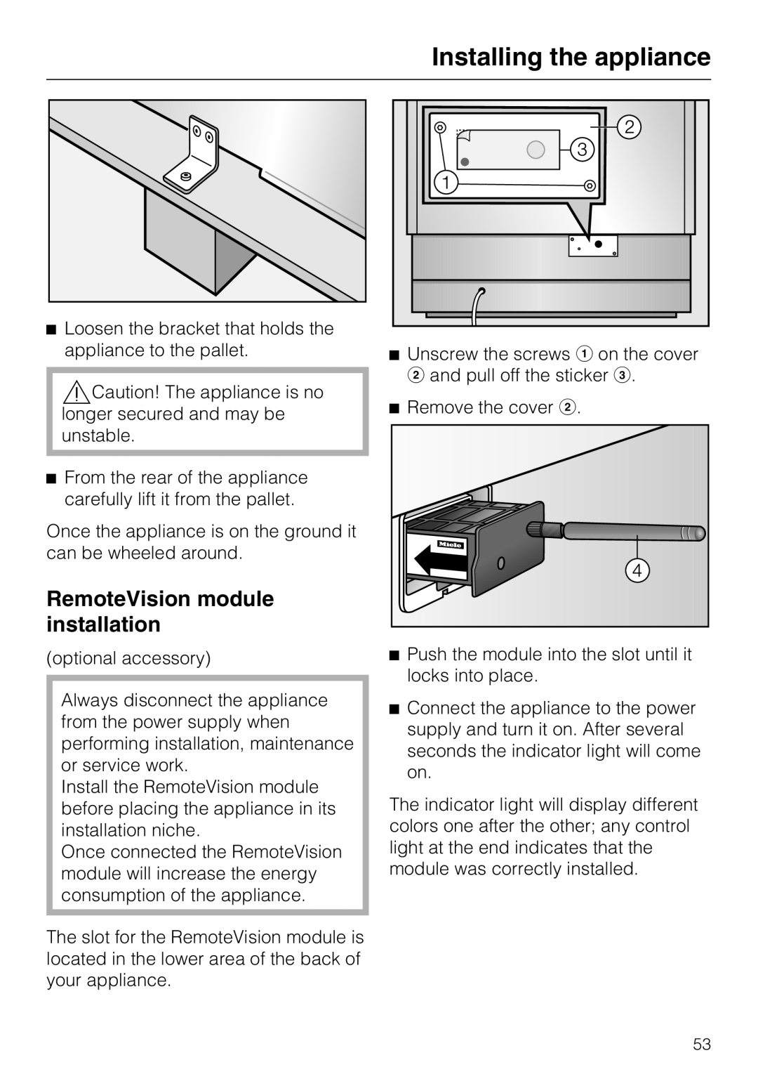 Miele F1911SF, F1801SF, F1811SF, F1901SF installation instructions RemoteVision module installation 