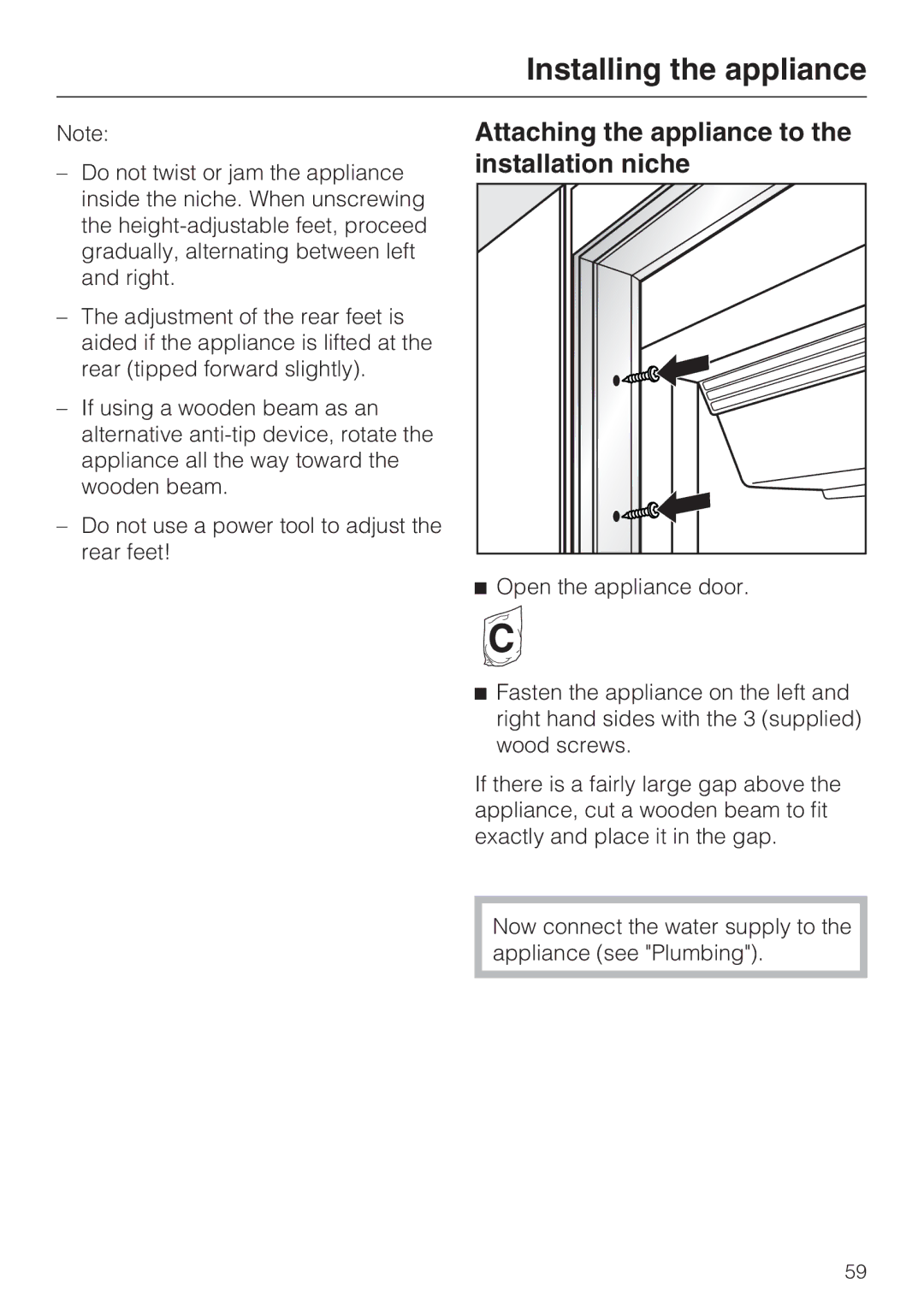 Miele F1901SF, F1801SF, F1911SF, F1811SF installation instructions Installing the appliance, Attaching the appliance to 