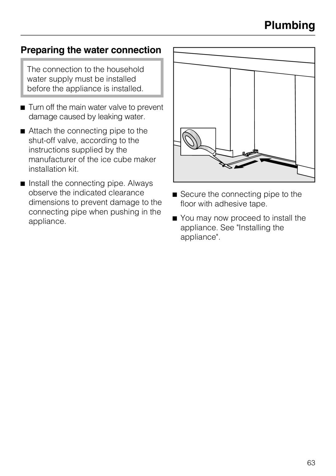 Miele F1901SF, F1801SF, F1911SF, F1811SF installation instructions Preparing the water connection 