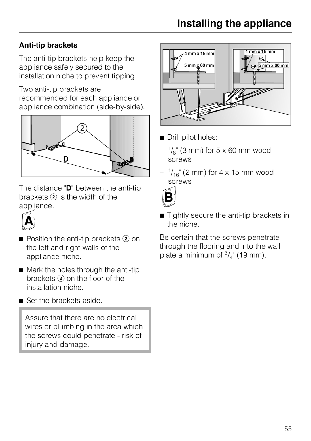 Miele F1901SF, F1801SF, F1911SF, F1811SF installation instructions Anti-tipbrackets, Installing the appliance 