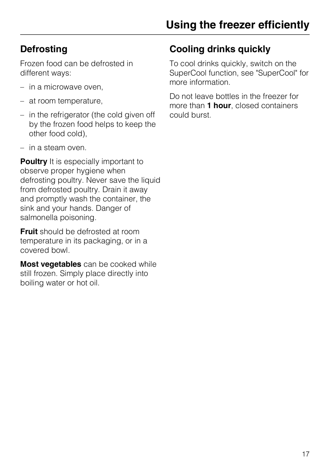 Miele F1901VI, F1811VI, F1911VI, F1801VI installation instructions Defrosting, Cooling drinks quickly 