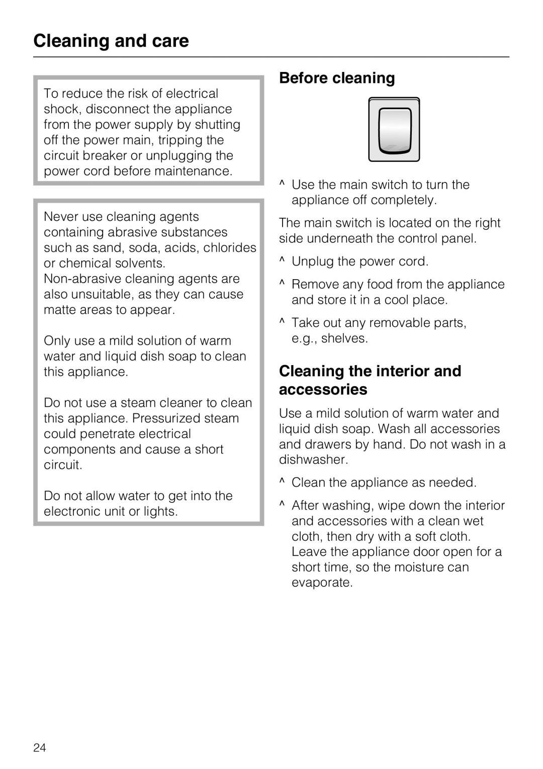 Miele F1811VI, F1901VI, F1911VI, F1801VI Cleaning and care, Before cleaning, Cleaning the interior and accessories 