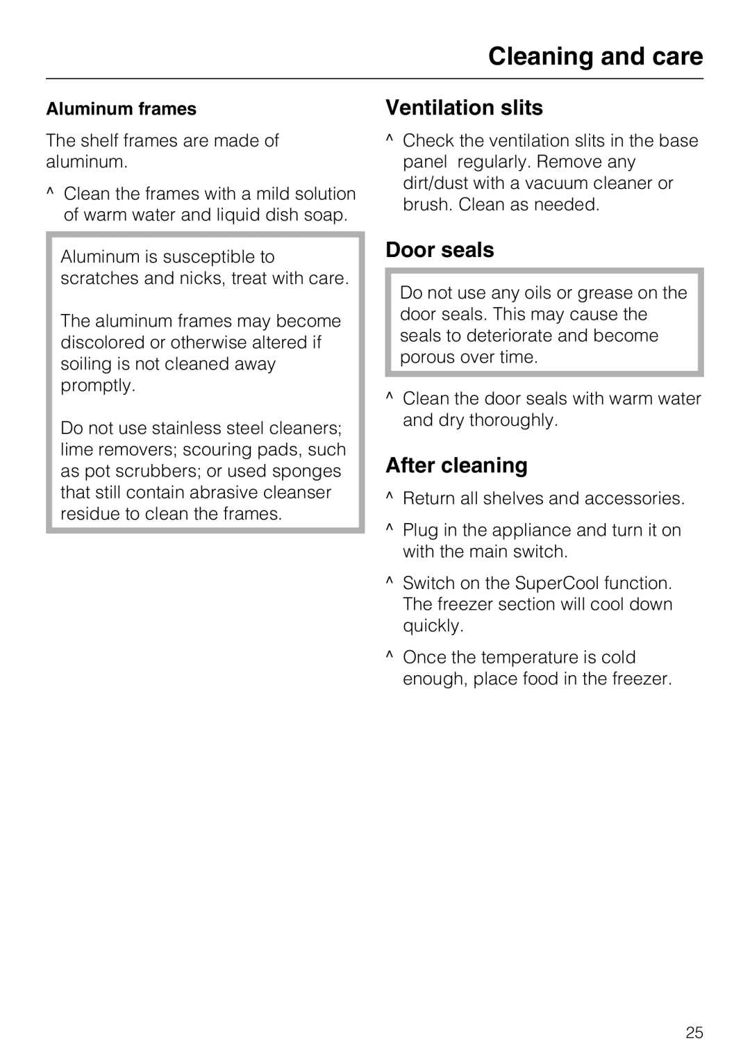 Miele F1901VI, F1811VI, F1911VI, F1801VI Ventilation slits, Door seals, After cleaning, Aluminum frames 