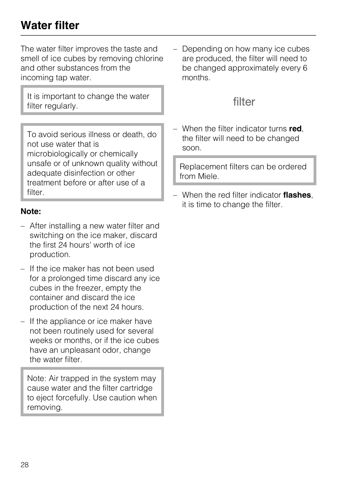 Miele F1811VI, F1901VI, F1911VI, F1801VI installation instructions Water filter 