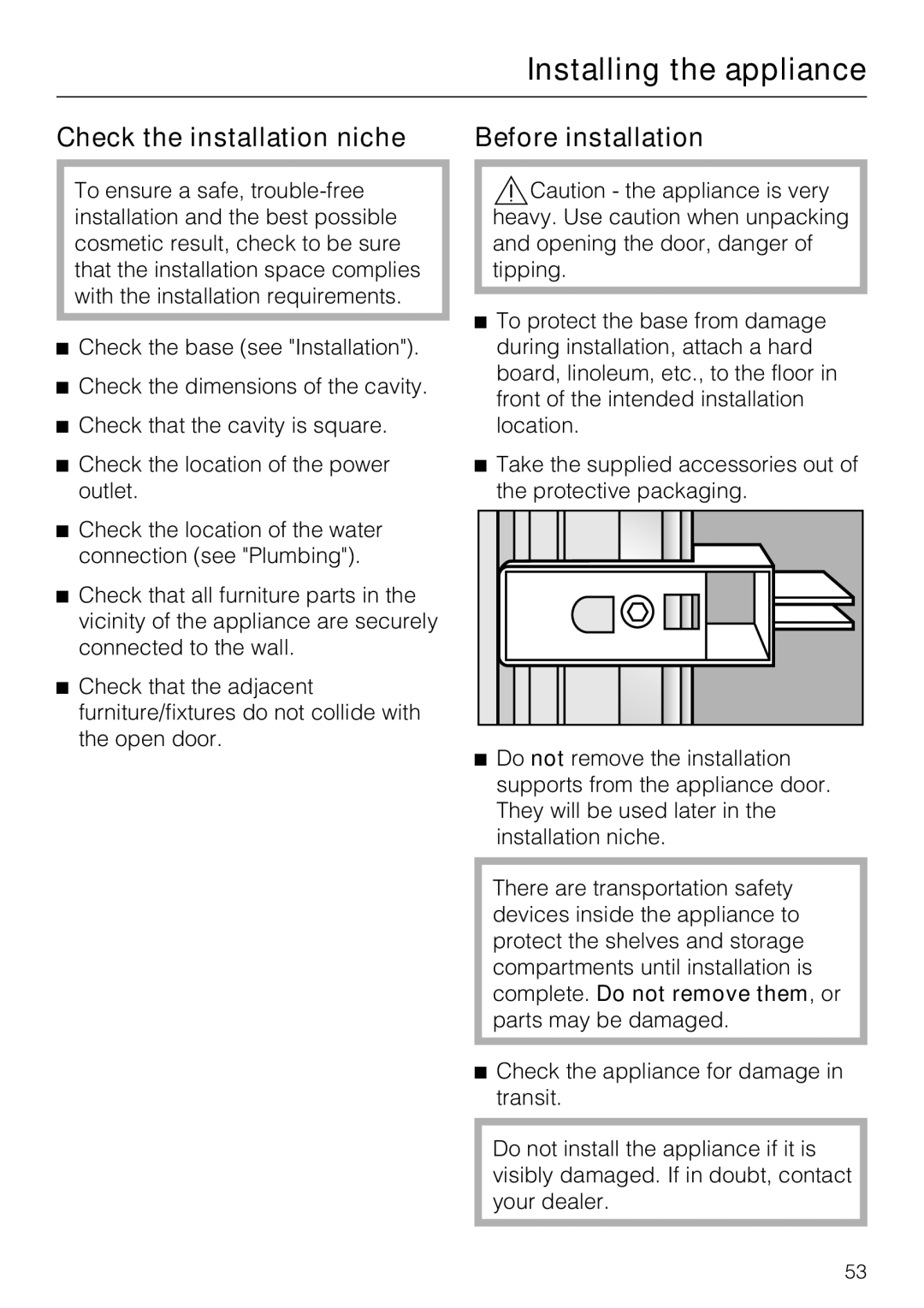 Miele F1901VI, F1811VI, F1911VI, F1801VI installation instructions Check the installation niche Before installation 