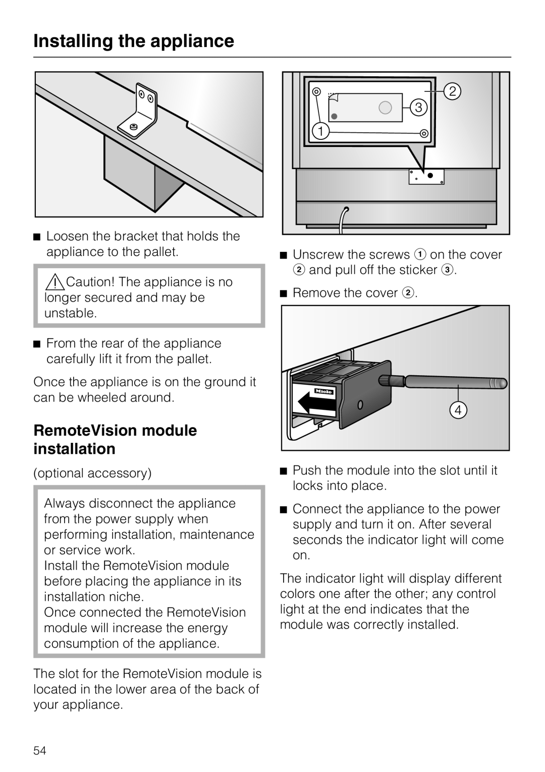 Miele F1911VI, F1811VI, F1901VI, F1801VI installation instructions RemoteVision module installation 