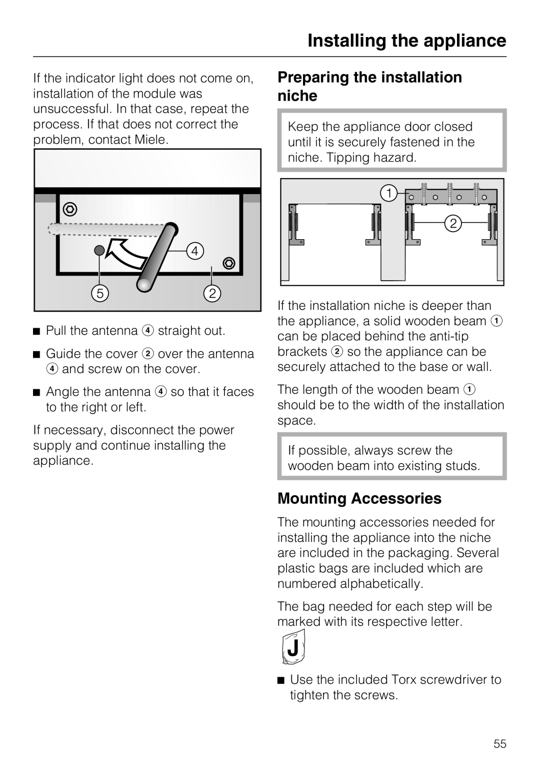 Miele F1801VI, F1811VI, F1901VI, F1911VI installation instructions Preparing the installation niche, Mounting Accessories 