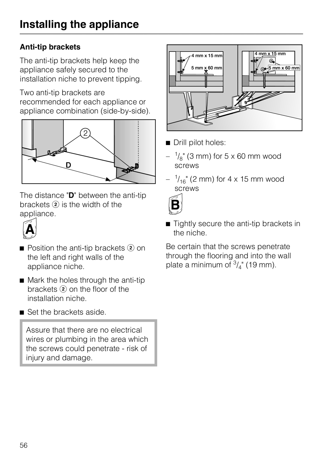 Miele F1811VI, F1901VI, F1911VI, F1801VI installation instructions Anti-tip brackets 