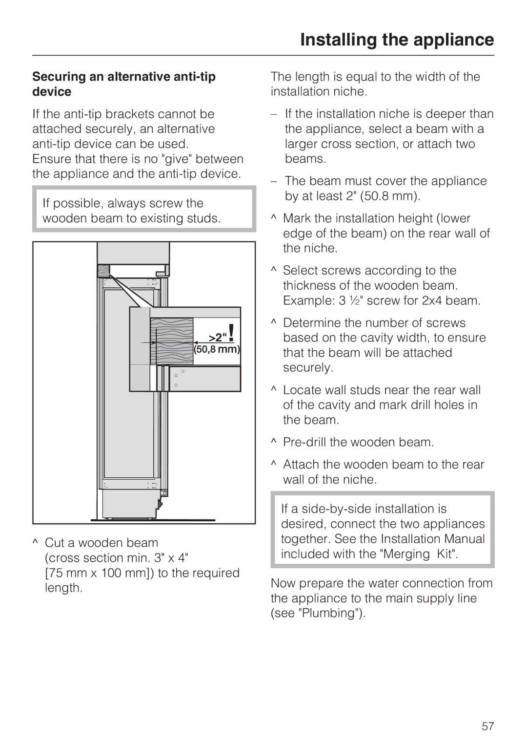 Miele F1901VI, F1811VI, F1911VI, F1801VI installation instructions Securing an alternative anti-tip device 