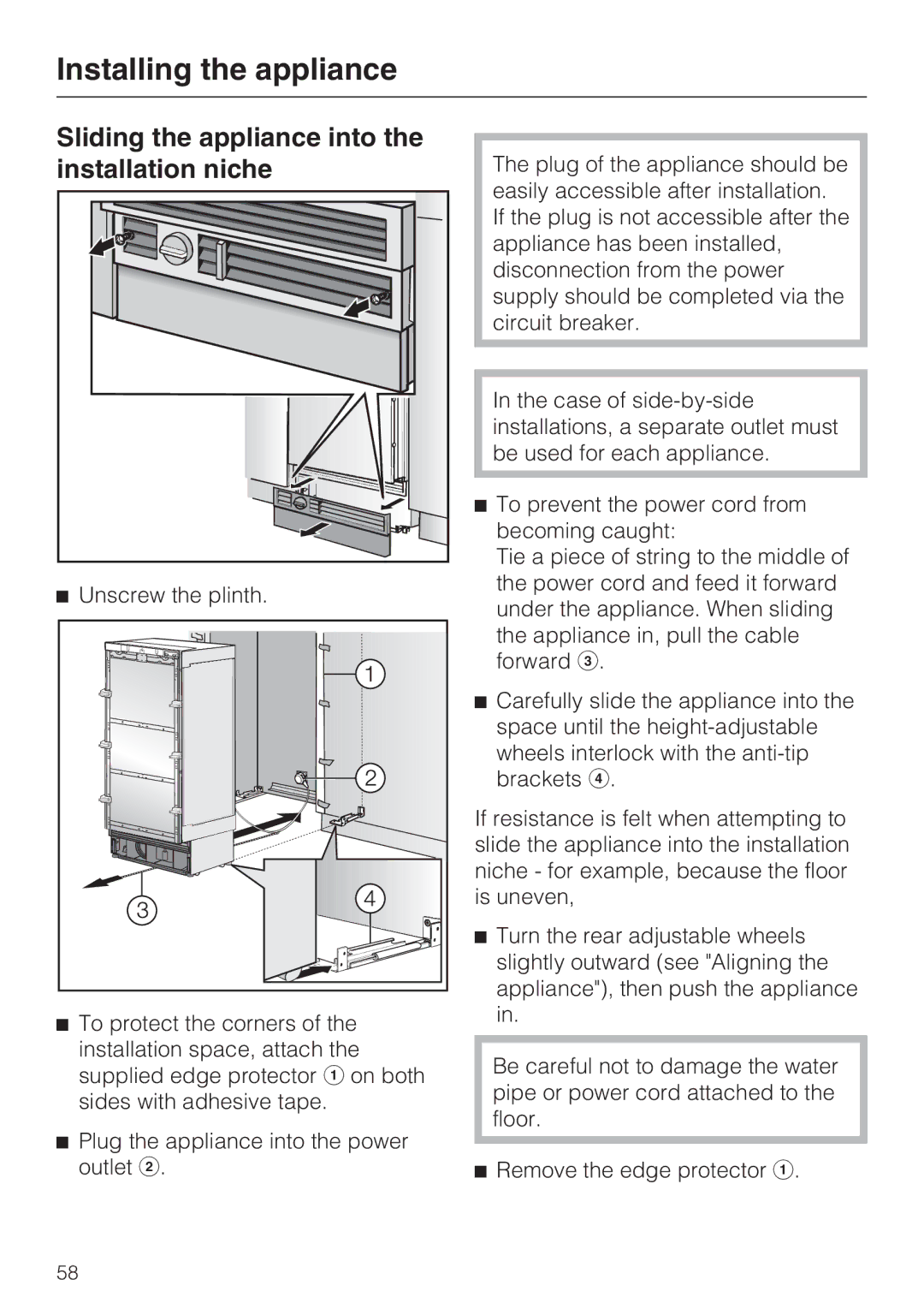 Miele F1911VI, F1811VI, F1901VI, F1801VI Sliding the appliance into the installation niche, Unscrew the plinth 