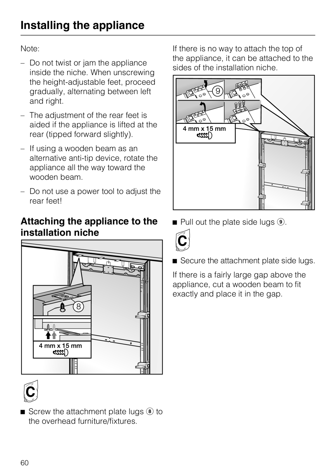 Miele F1811VI, F1901VI, F1911VI, F1801VI installation instructions Attaching the appliance to the installation niche 