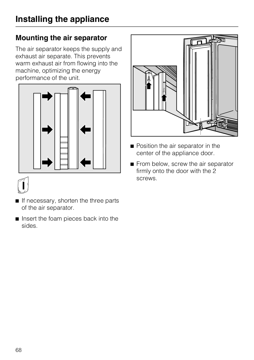 Miele F1811VI, F1901VI, F1911VI, F1801VI installation instructions Mounting the air separator 