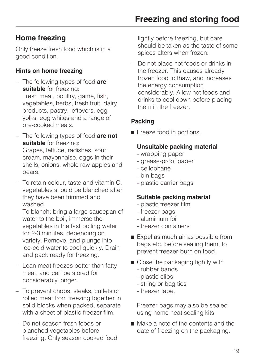 Miele FN 12620 S Home freezing, Hints on home freezing, Packing, Unsuitable packing material, Suitable packing material 