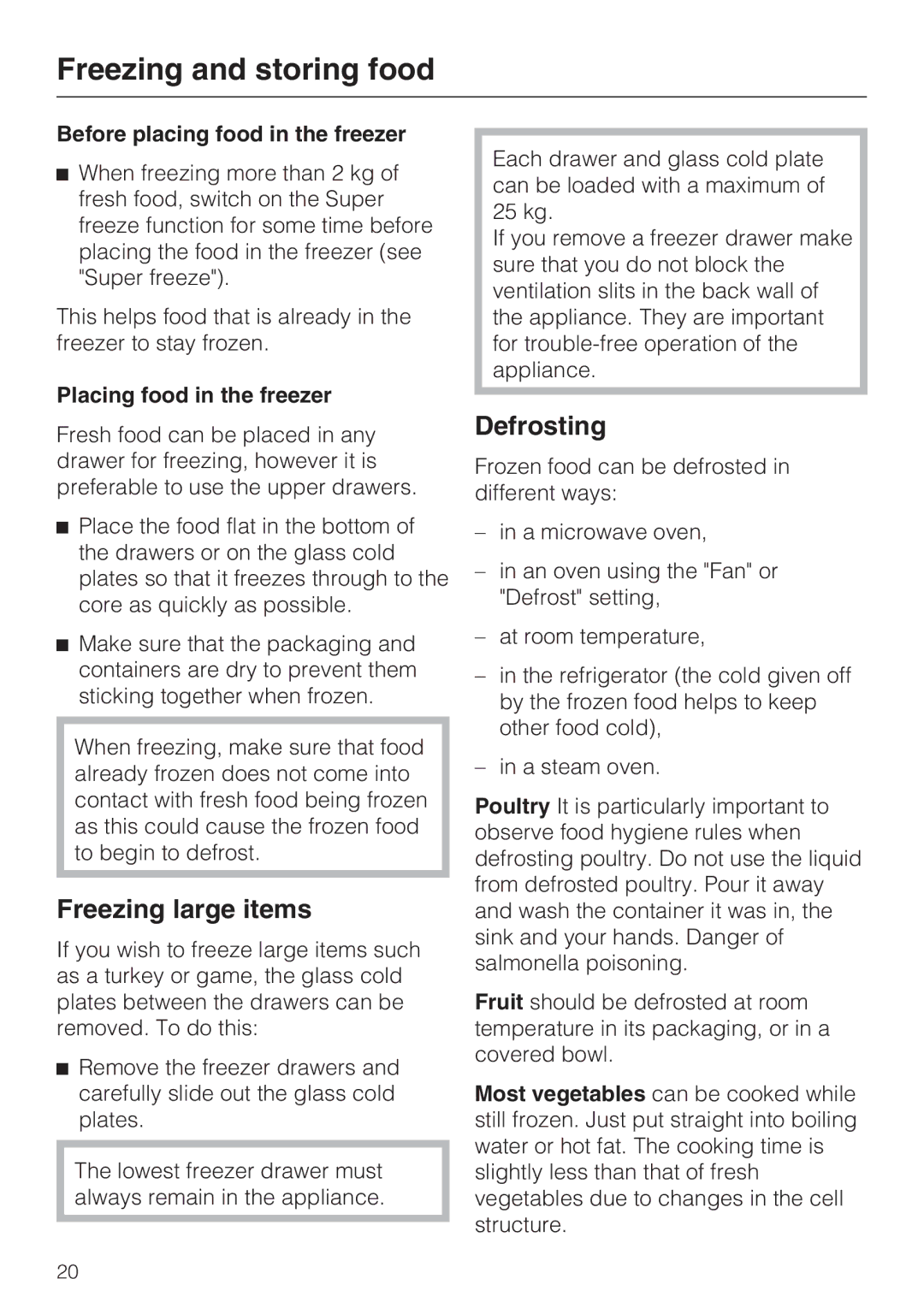 Miele FN 12220 S Freezing large items, Defrosting, Before placing food in the freezer, Placing food in the freezer 