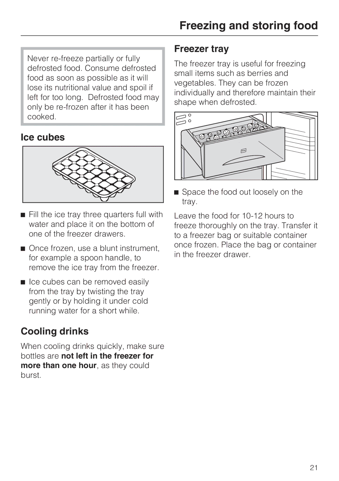 Miele FN 12420 S, FN 12620 S, FN 12220 S installation instructions Ice cubes, Cooling drinks, Freezer tray 