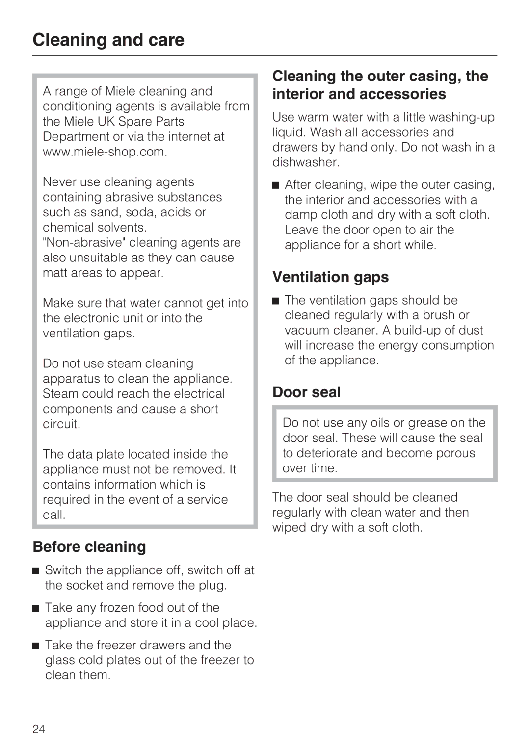 Miele FN 12420 S Cleaning and care, Before cleaning, Cleaning the outer casing, the interior and accessories, Door seal 