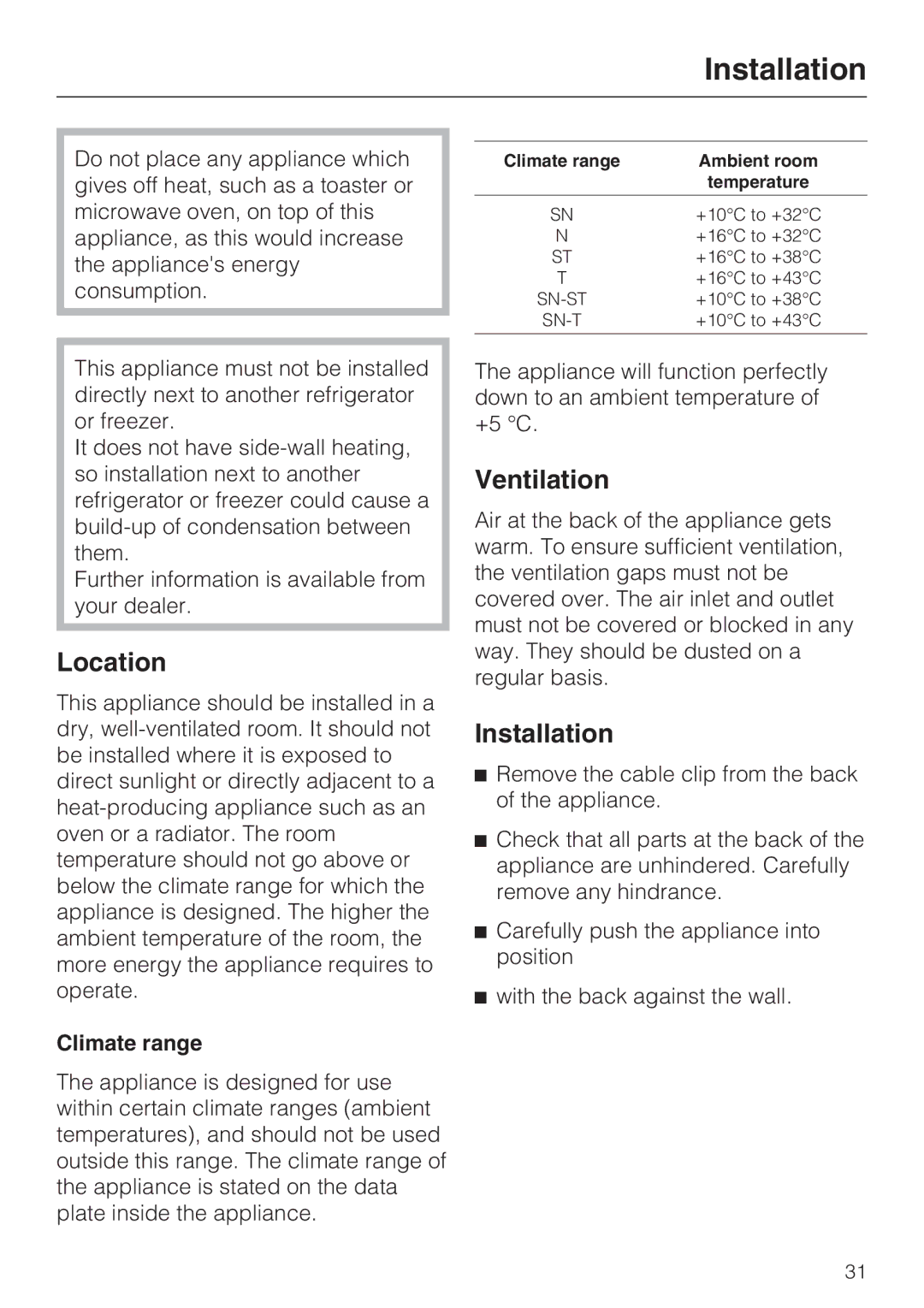 Miele FN 12620 S, FN 12420 S, FN 12220 S installation instructions Installation, Location, Ventilation, Climate range 