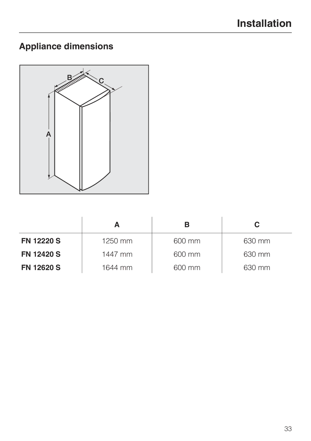 Miele FN 12420 S installation instructions Appliance dimensions, FN 12220 S, FN 12620 S 