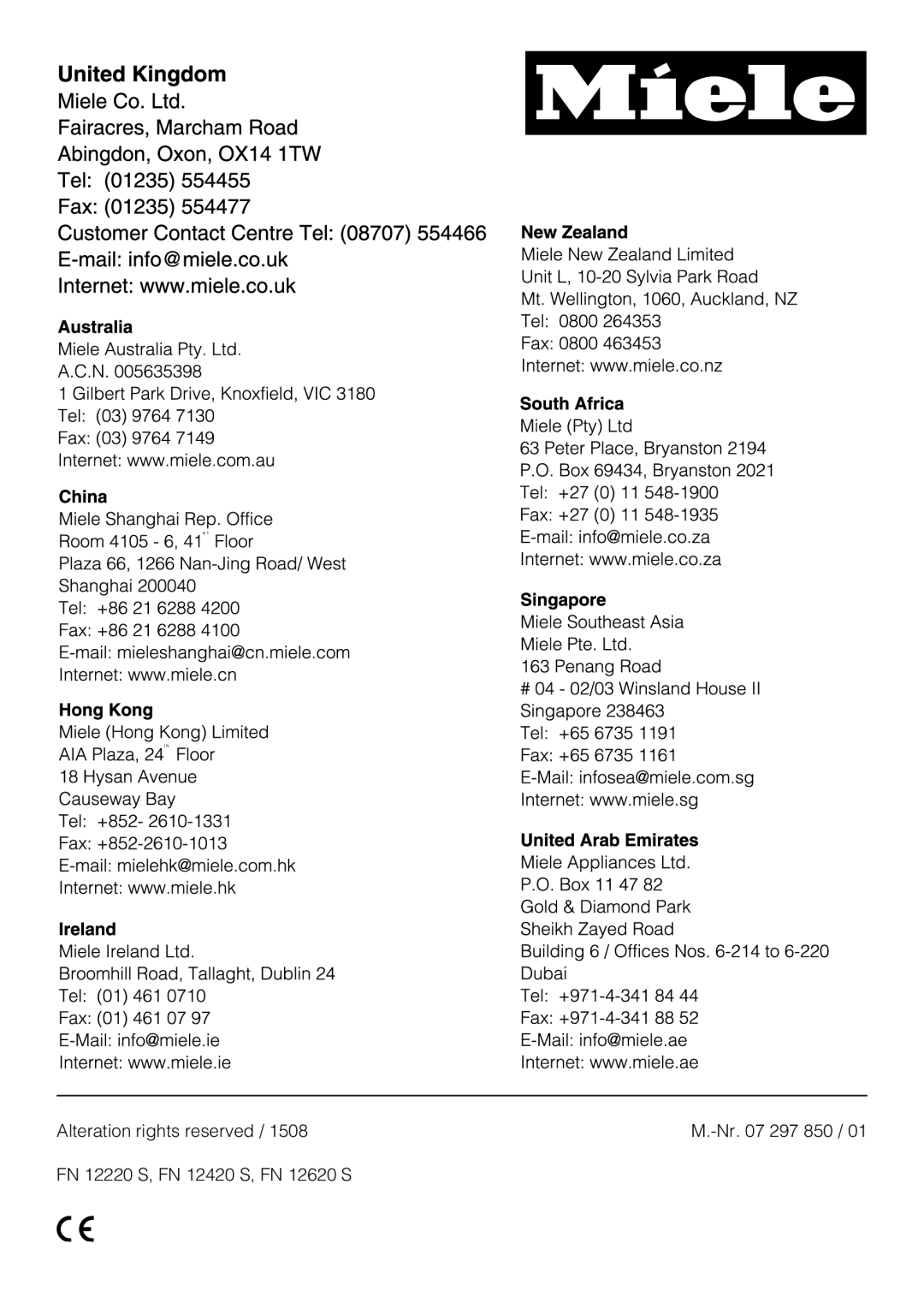 Miele FN 12620 S, FN 12420 S, FN 12220 S installation instructions 