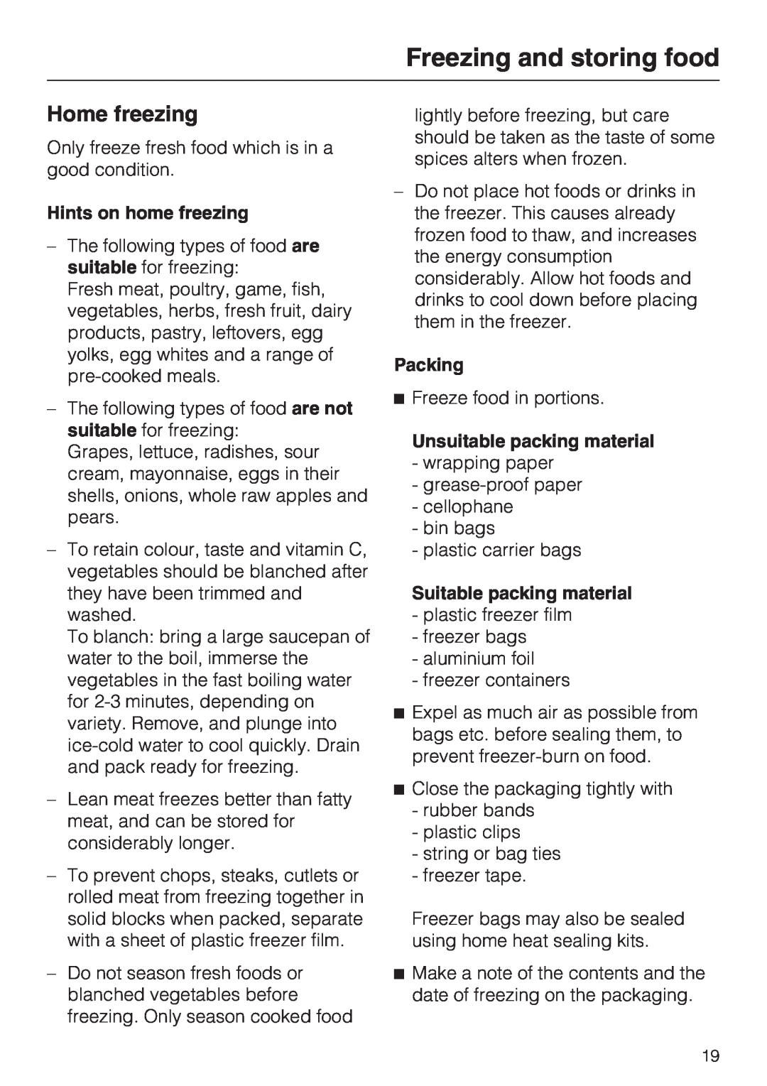 Miele FN 12620 S Home freezing, Hints on home freezing, Packing, Unsuitable packing material, Suitable packing material 