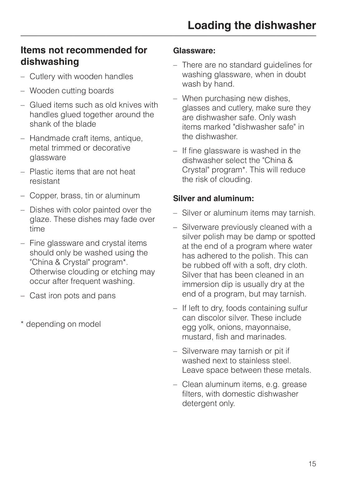 Miele G 2150, G 1150 operating instructions Items not recommended for dishwashing, Glassware, Silver and aluminum 