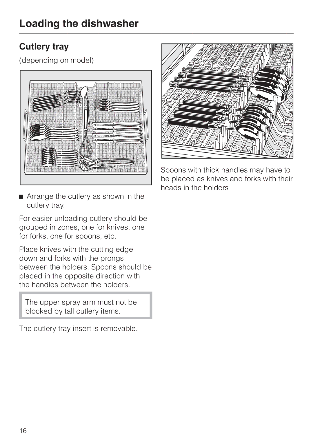 Miele G 1150, G 2150 operating instructions Cutlery tray 