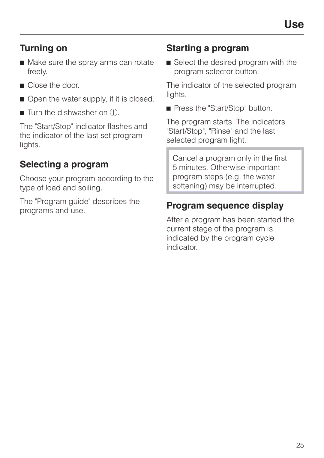 Miele G 2150, G 1150 operating instructions Turning on, Selecting a program, Starting a program, Program sequence display 