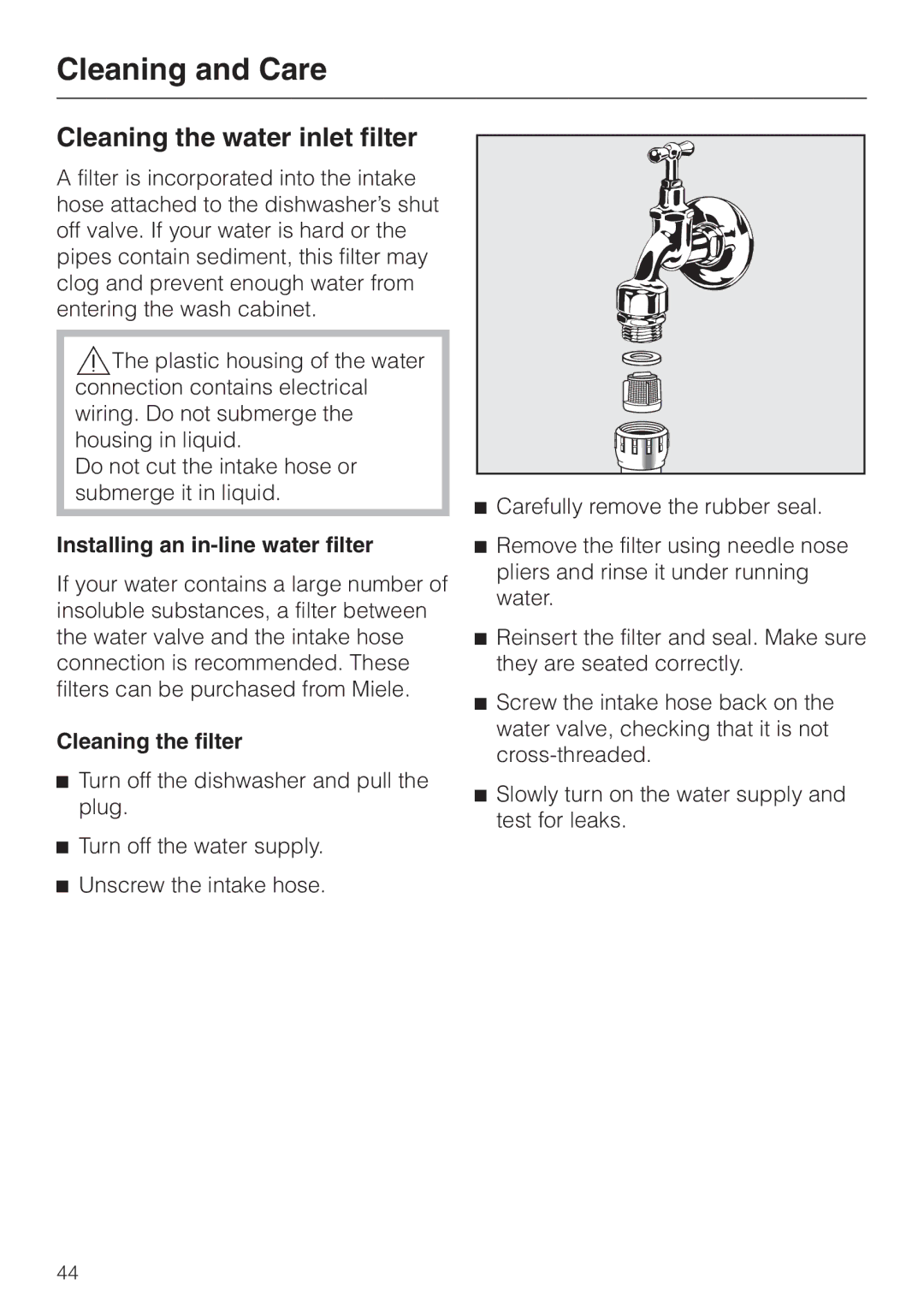 Miele G 1150, G 2150 Cleaning the water inlet filter, Installing an in-line water filter, Cleaning the filter 