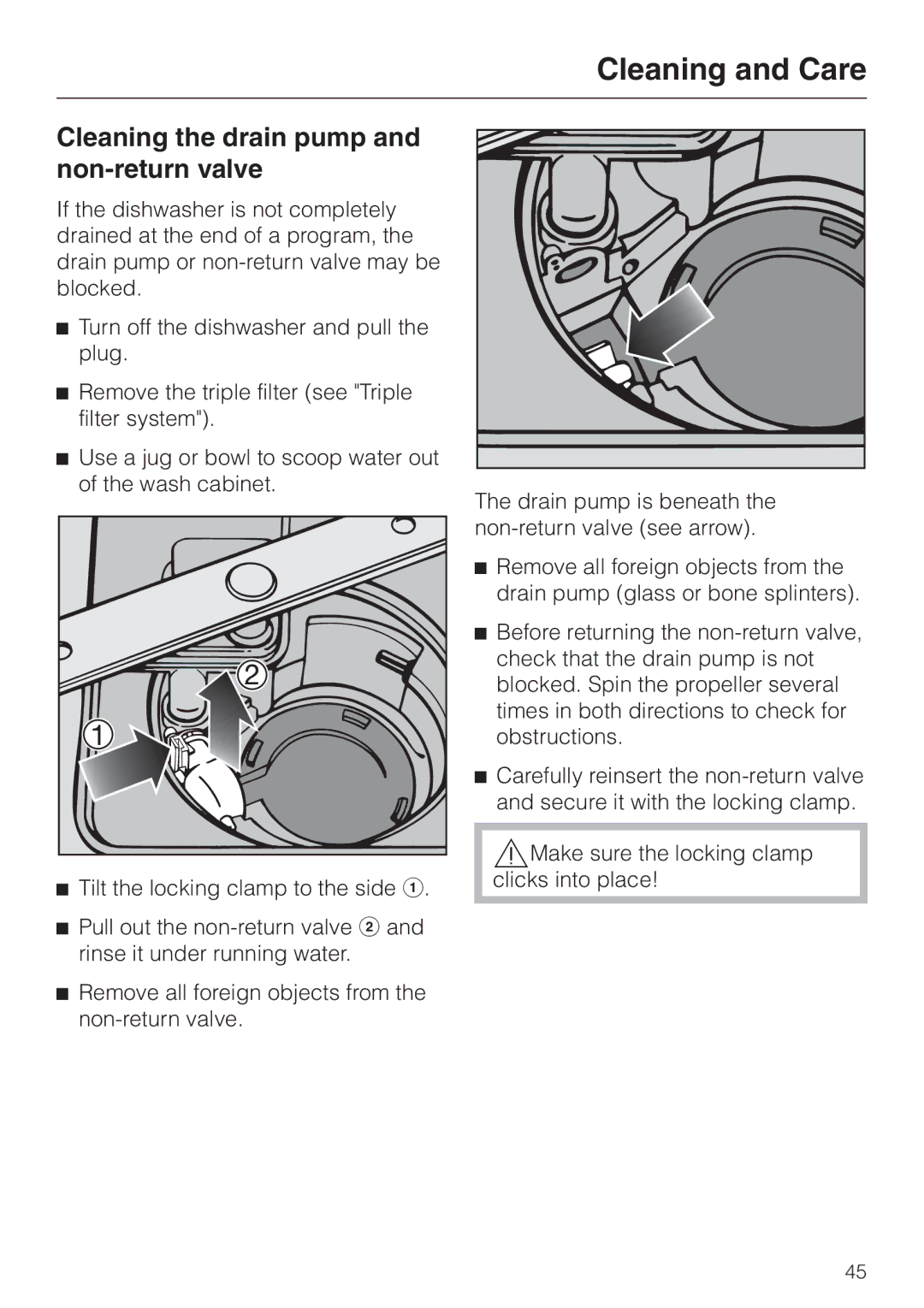 Miele G 2150, G 1150 operating instructions Cleaning the drain pump and non-return valve 