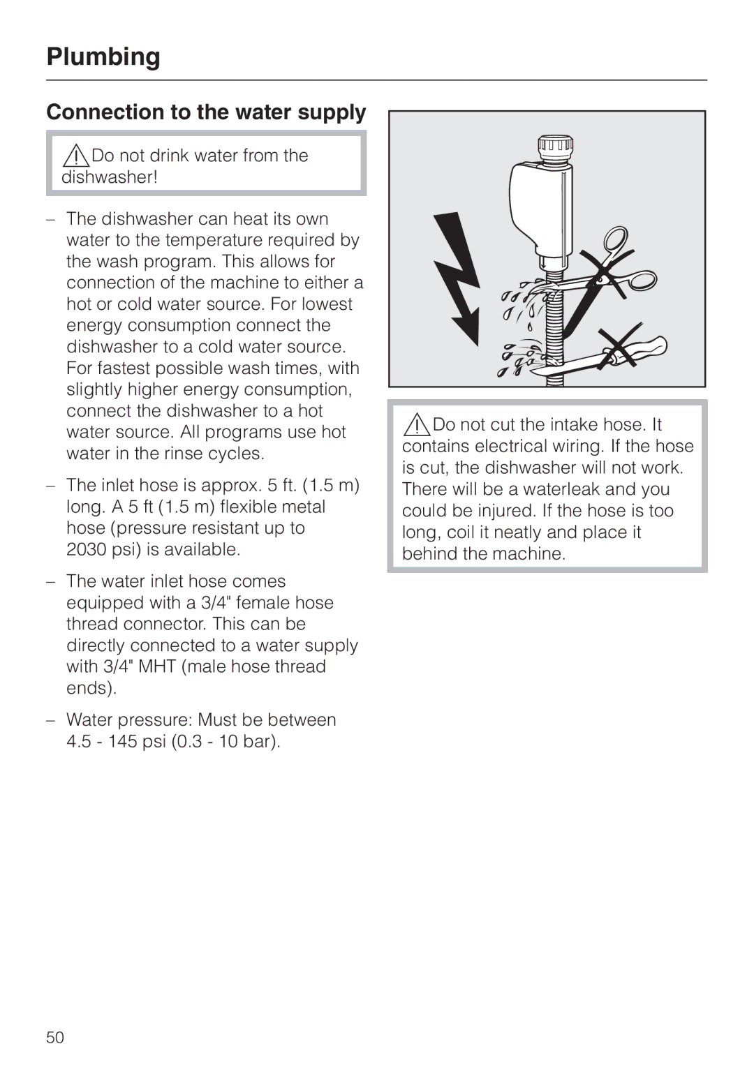 Miele G 1150, G 2150 operating instructions Plumbing, Connection to the water supply 